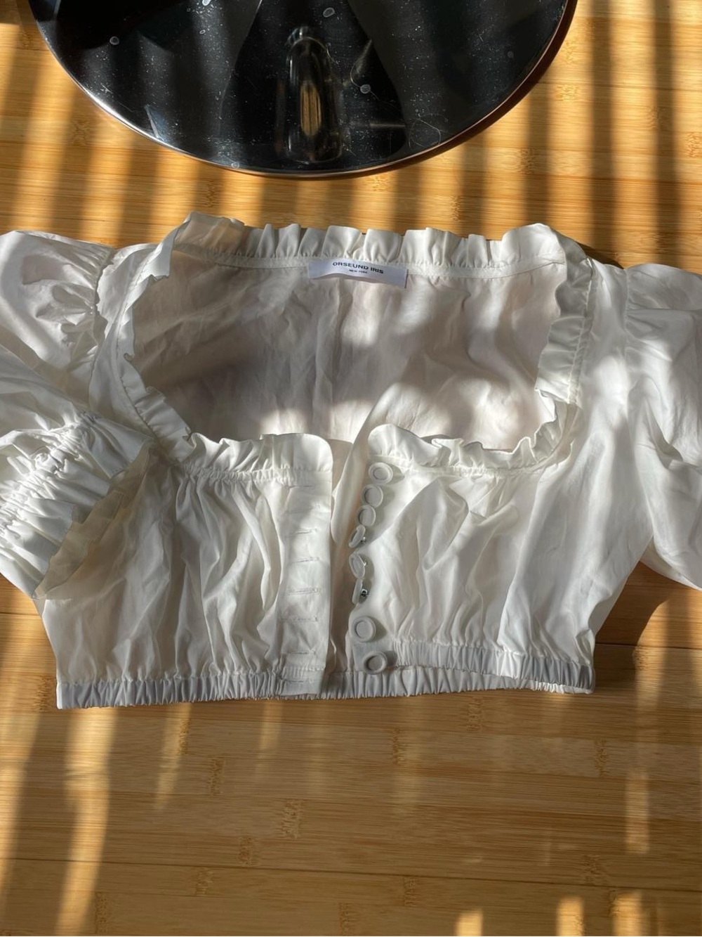 Orseund Iris White Ruffled Cropped Button-Front Top